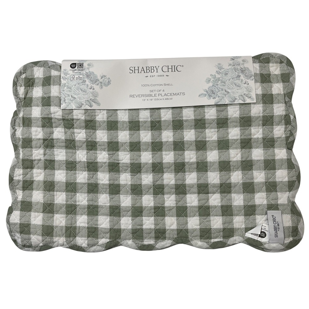 Shabby Chic Placemats Cotton Quilted Reversible Green Plaid Spring‎ Pumpkin Fall